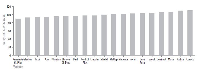 Figure 1. Average yield of the different varieties (expressed as a percentage (%) of site mean) at the various BCG research sites.