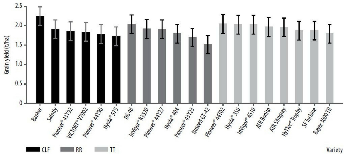 Figure 1. Grain yield results at Birchip NVT ordered by herbicide group. Error bars show LSD CLF=0.25t/ha, TT=0.24t/ha, RR=0.24t/ha.