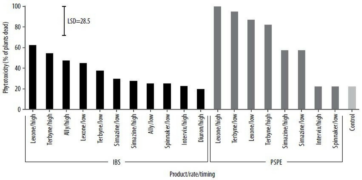 Figure 3. Phyotoxicity rating (%) of treatments on 22 June following application of herbicides IBS or PSPE in May. Ratings made in accordance with the EWRS phytotoxicity scale where 0% = completely healthy, green plants and 100% = complete plant death. Stats: P<0.001, LSD=28.5, CV=28.4%.