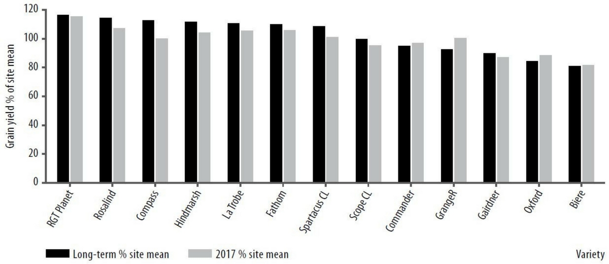 Figure 5. Mallee NVT barley grain yield (% of site mean) comparing 2017 to long-term averages (2012-2017) of 13 varieties at Manangatang, Rainbow, Ultima, Murrayville, Birchip, Hopetoun, Walpeup. Note: RGT Planet and Biere have only been trialled in NVT for two years and Spartacus CL and Rosalind for four years.