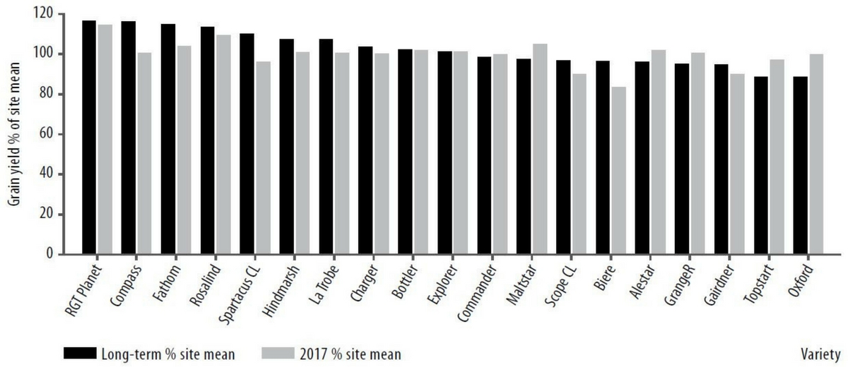 Figure 6. Wimmera NVT barley grain yield (% of site mean) comparing 2017 to long-term averages (2012–2017) of 19 varieties at Horsham, Kaniva, Brim and Minyip. Note: RGT Planet, Bottler, Explorer and Biere have only been trialed in NVT for two years, Topstart three years and Spartacus CL and Rosalind four years.