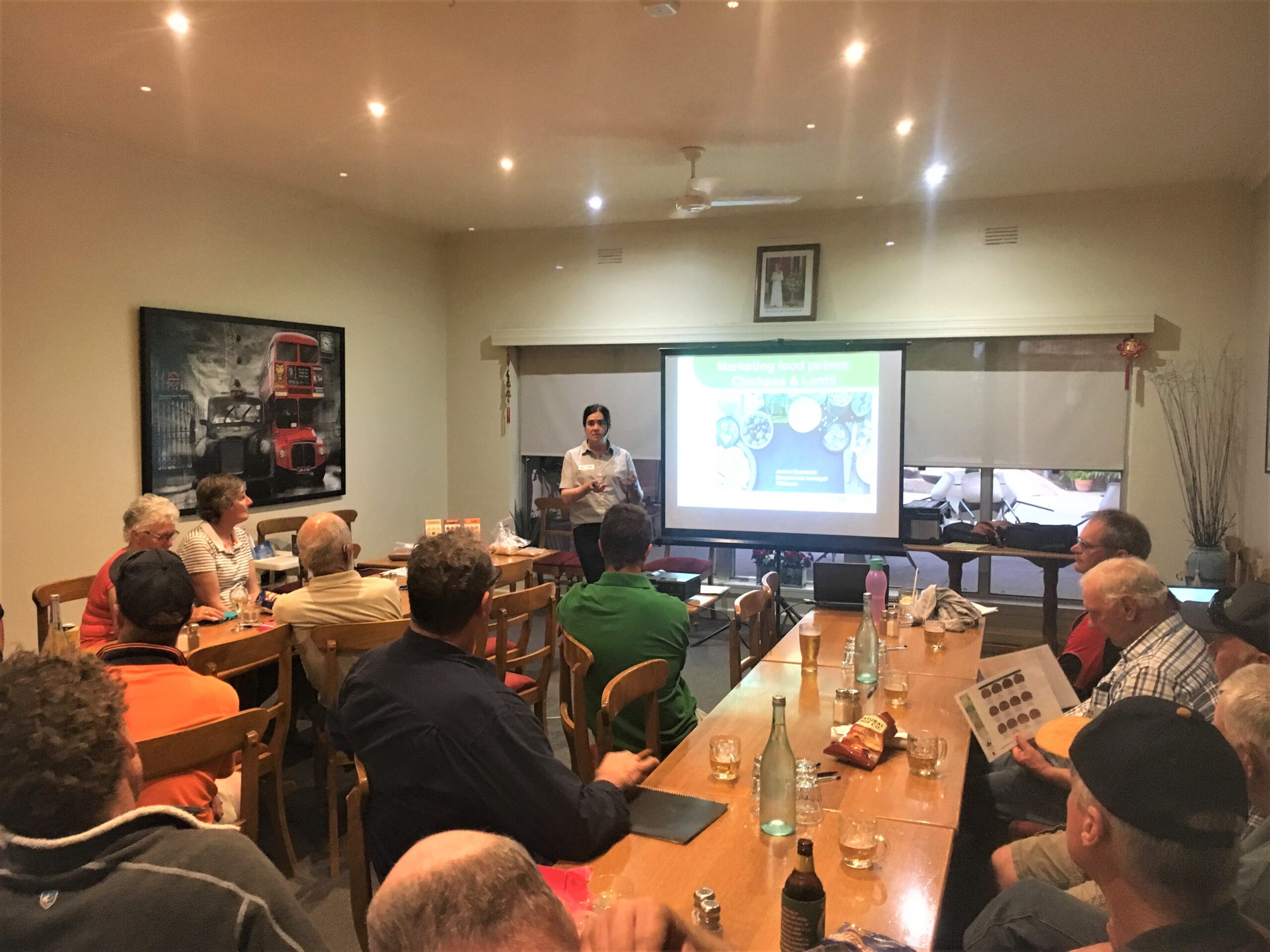 Photo: Janine Sounness (PB Seeds) presenting to the group about chickpea and lentil marketing.