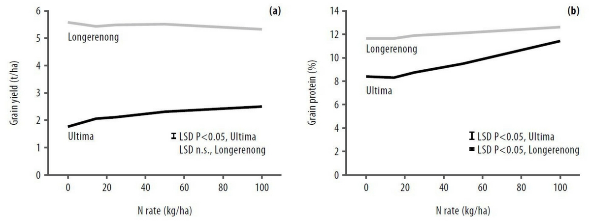 Figure 1. Grain yield and protein response to N application rate at Ultima and Longerenong in 2017. Stats: P<0.001, LSD=0.19, CV=6.2% - Ultima yield, P<0.001, LSD=0.63, CV=4.9% - Ultima protein, P=0.61, LSD=NS, CV=5.0% - Longerenong yield, P=0.001, LSD=0.21, CV=3.9% - Longerenong protein.